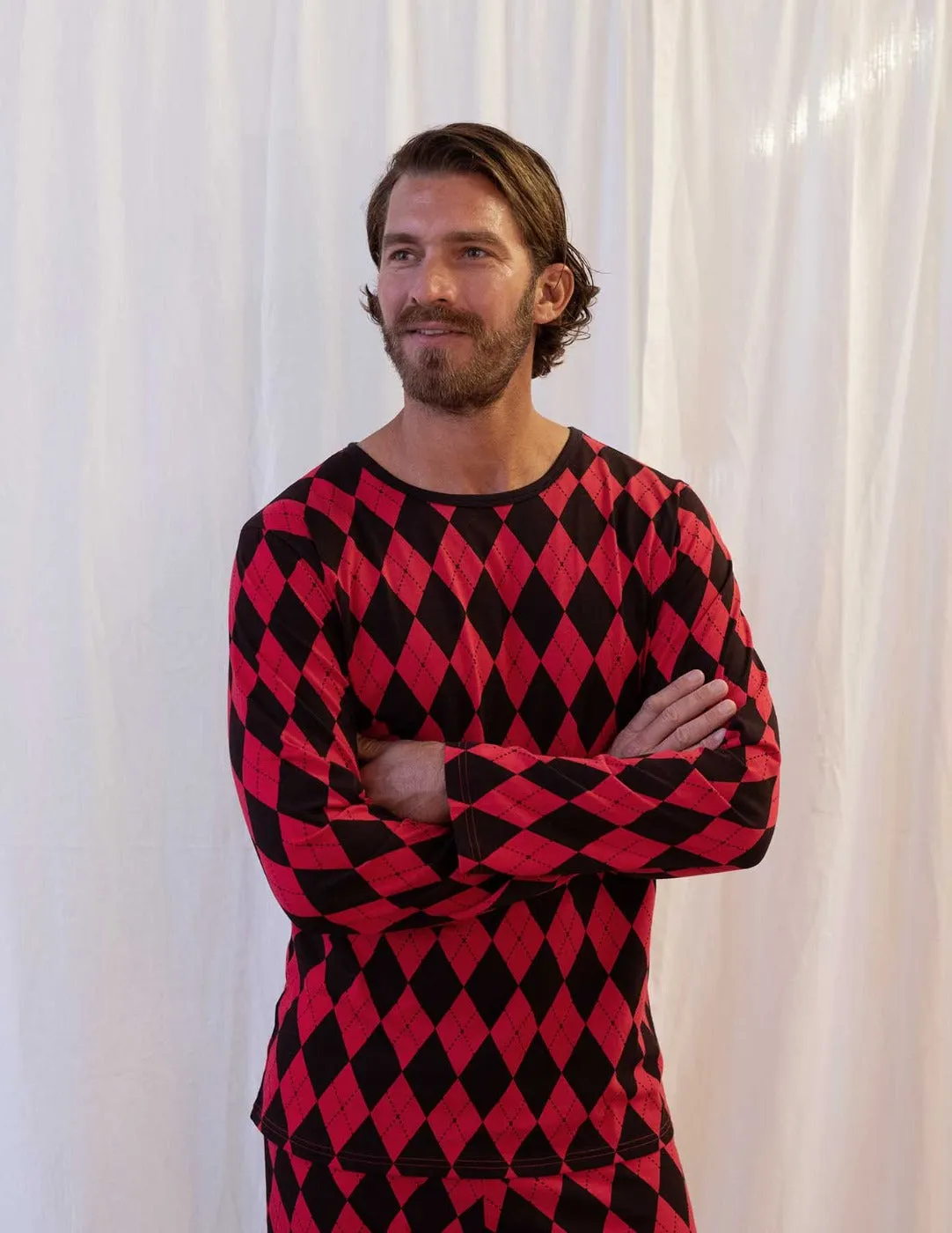 Mens Loose Fit Red & Black Argyle Pajamas