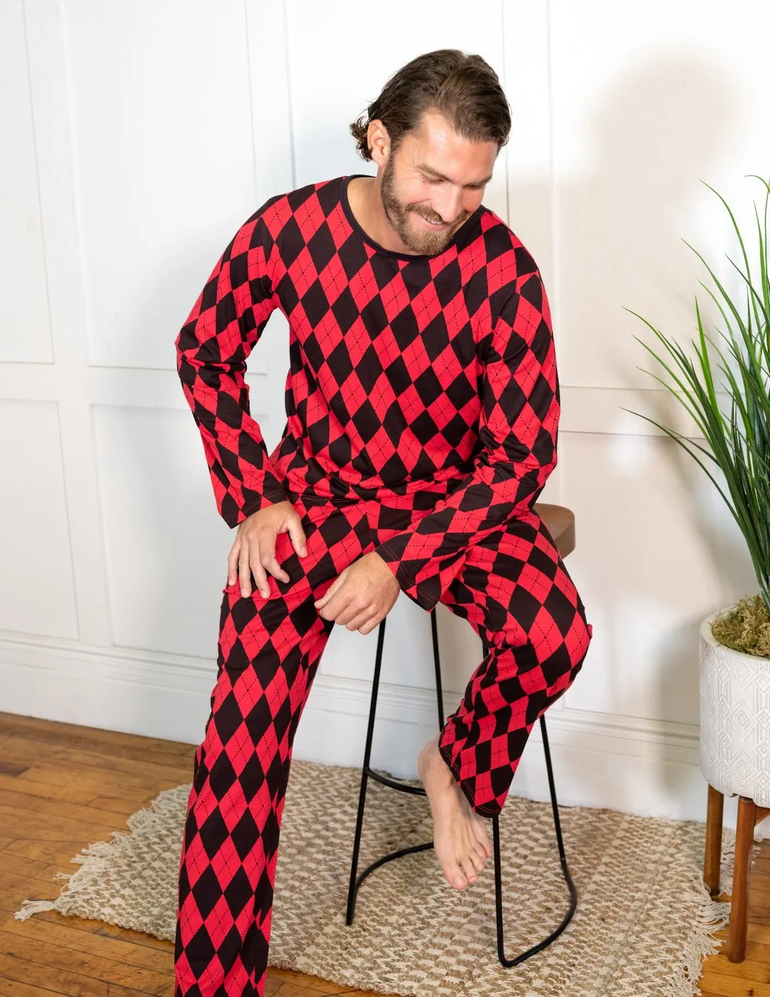 Mens Loose Fit Red & Black Argyle Pajamas