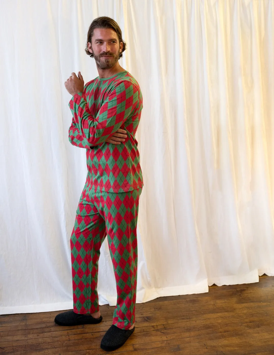 Mens Loose Fit Red & Green Argyle Pajamas