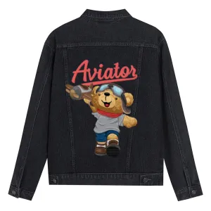 Mens Vintage Cartoon Bear Prints Aviaton Denim Jacket