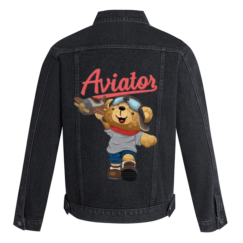 Mens Vintage Cartoon Bear Prints Aviaton Denim Jacket