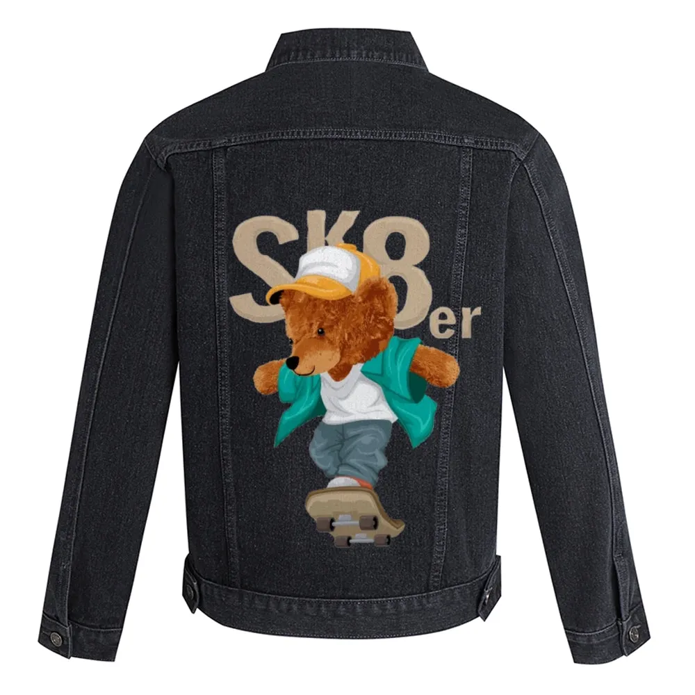 Mens Vintage Cartoon Cute SK8er Bear Prints Denim Jacket