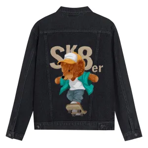 Mens Vintage Cartoon Cute SK8er Bear Prints Denim Jacket