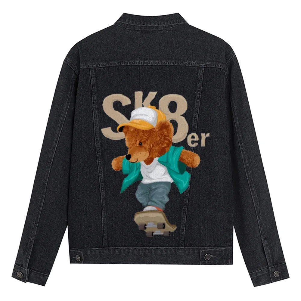 Mens Vintage Cartoon Cute SK8er Bear Prints Denim Jacket