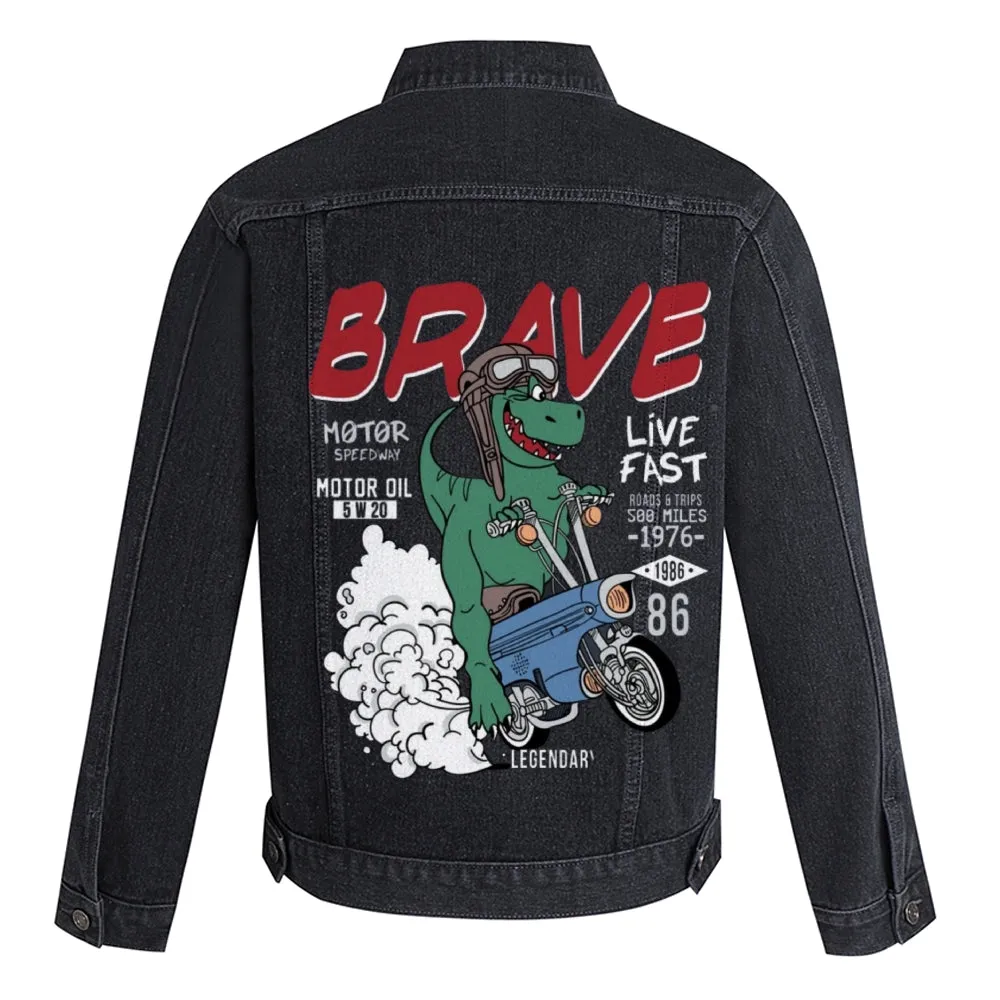 Mens Vintage Cartoon Prints BRAVE LIVE FAST Denim Jacket