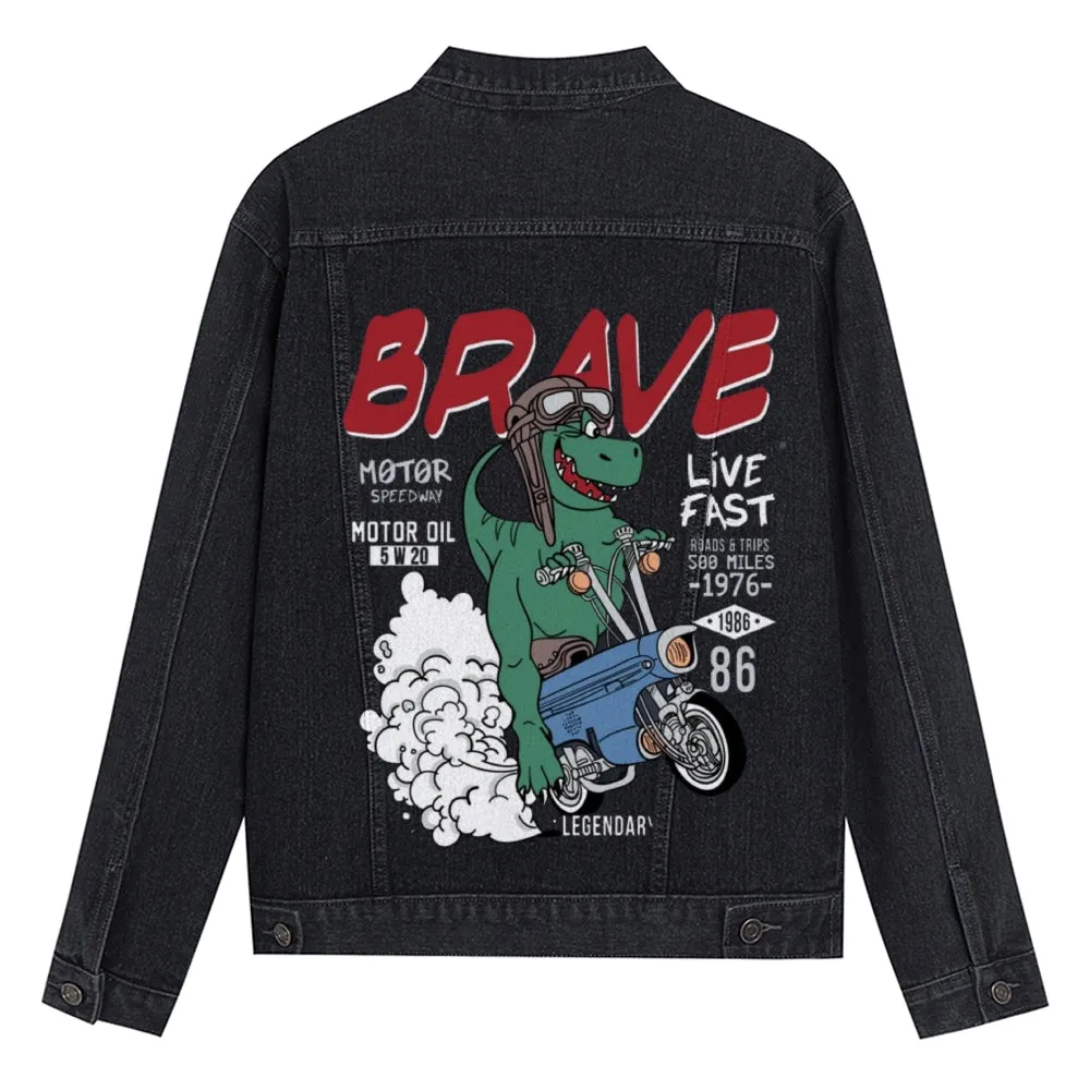 Mens Vintage Cartoon Prints BRAVE LIVE FAST Denim Jacket