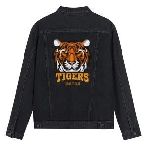 Mens Vintage Cartoon Prints TIGERS SPORT TEAM Denim Jacket