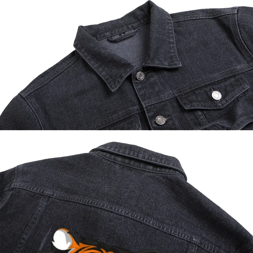 Mens Vintage Cartoon Prints TIGERS SPORT TEAM Denim Jacket