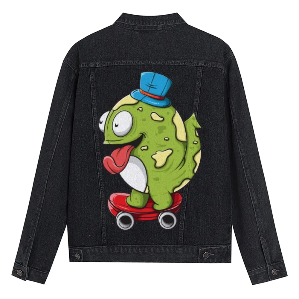 Mens Vintage Skate Cartoon Prints Green Cute Dinosaur Denim Jacket