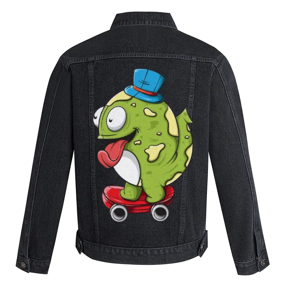 Mens Vintage Skate Cartoon Prints Green Cute Dinosaur Denim Jacket