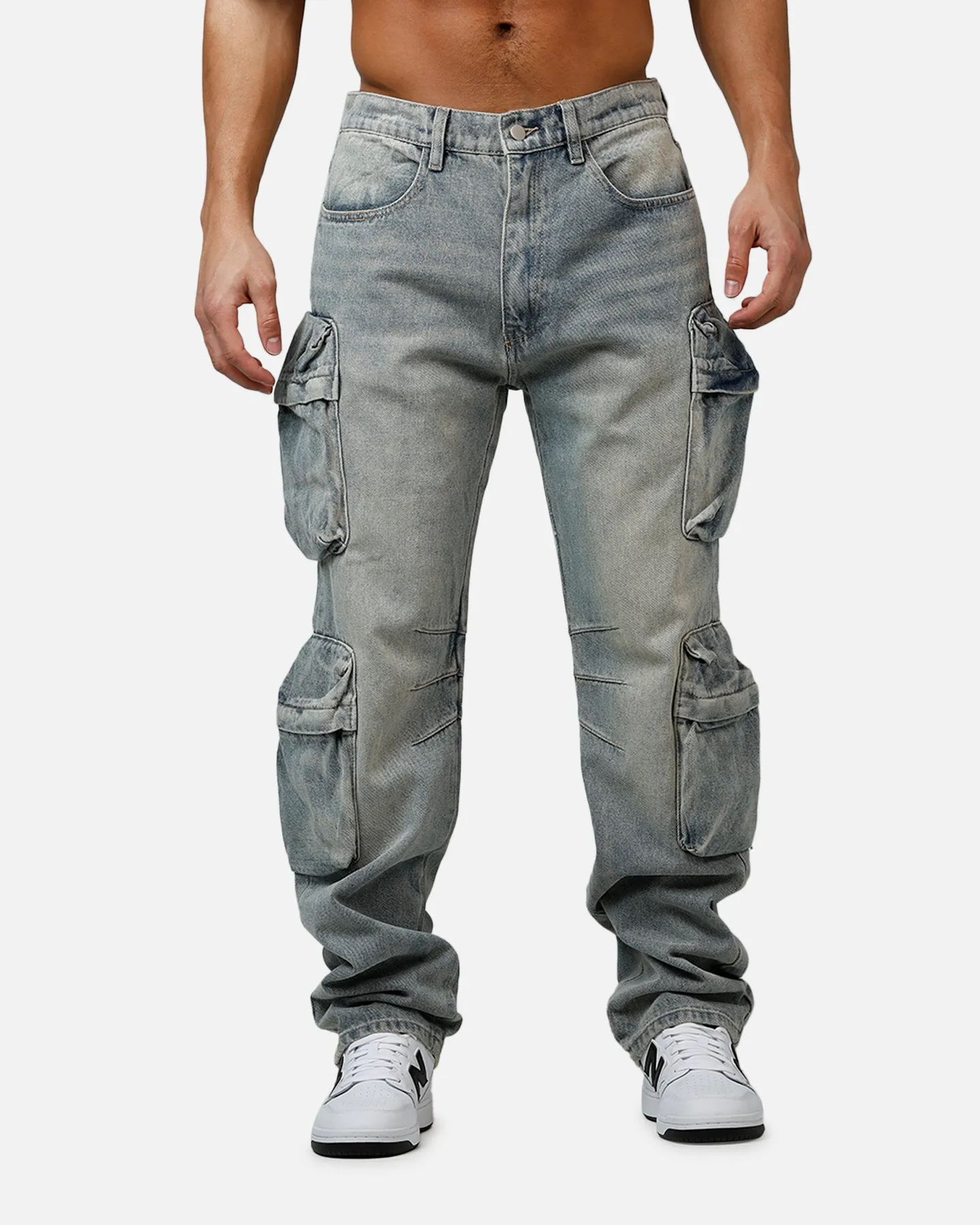 MNML V709 Wide Bellow Cargo Denim Pants Blue