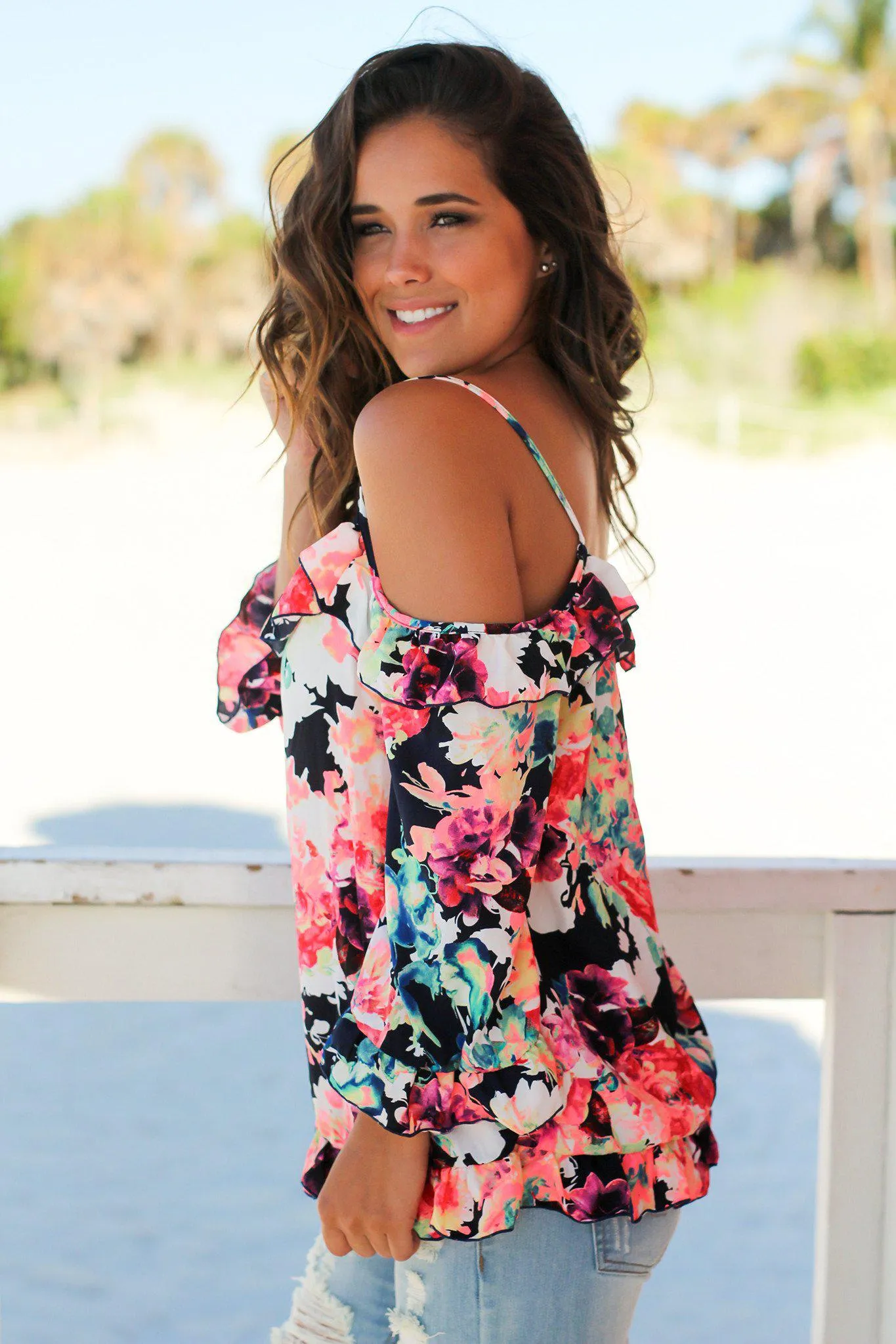 Neon Floral Off Shoulder Top