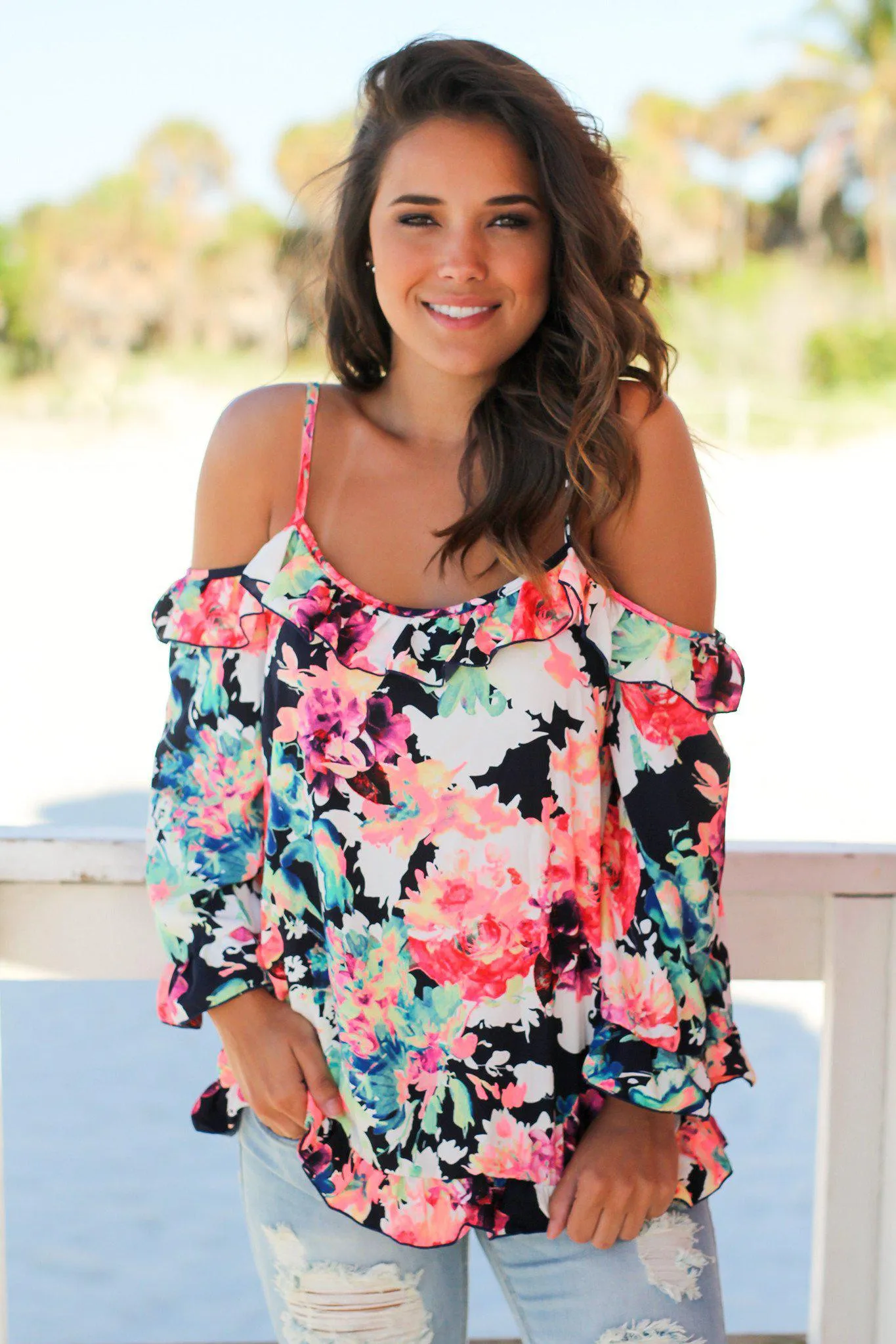 Neon Floral Off Shoulder Top