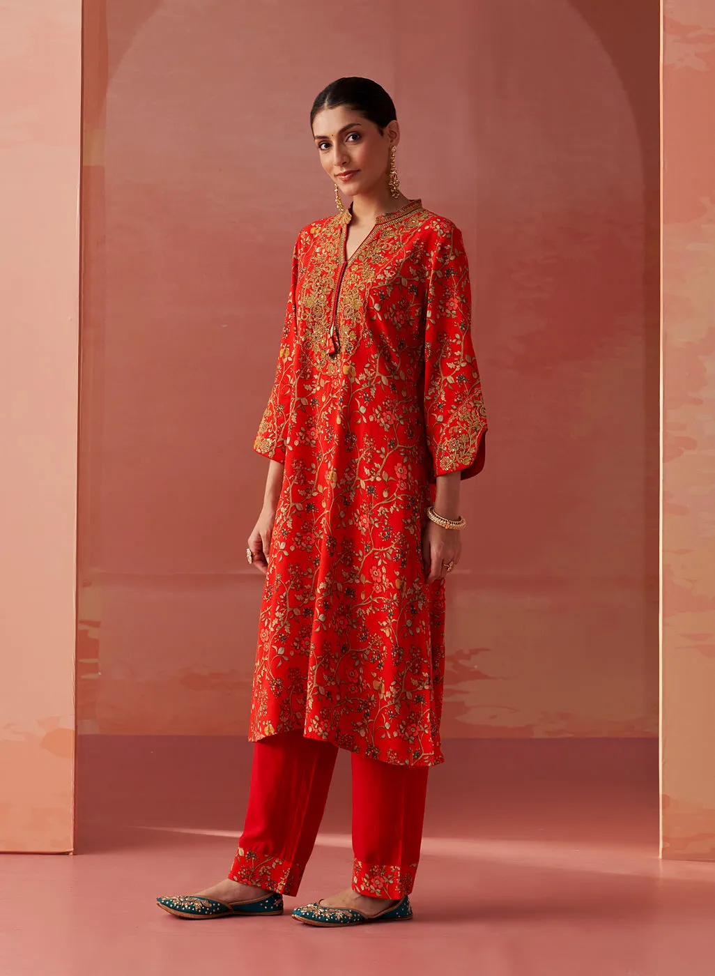 Nitara Bright Red Printed Rayon Co-ord Set