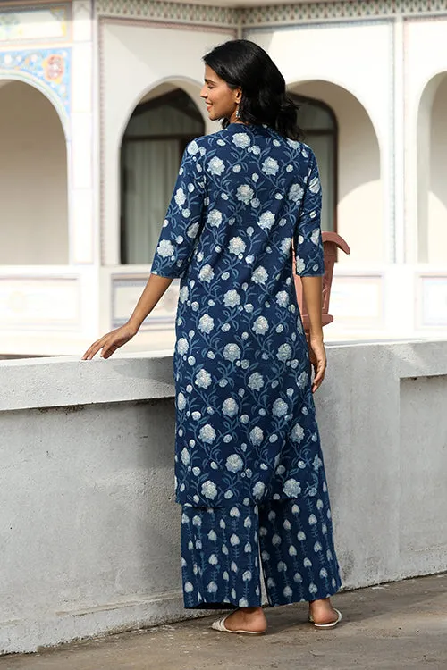 Okhai "Aprajita" Hand-Embroidered Mirrorwork Pure Cotton Indigo Kurta Pant Set