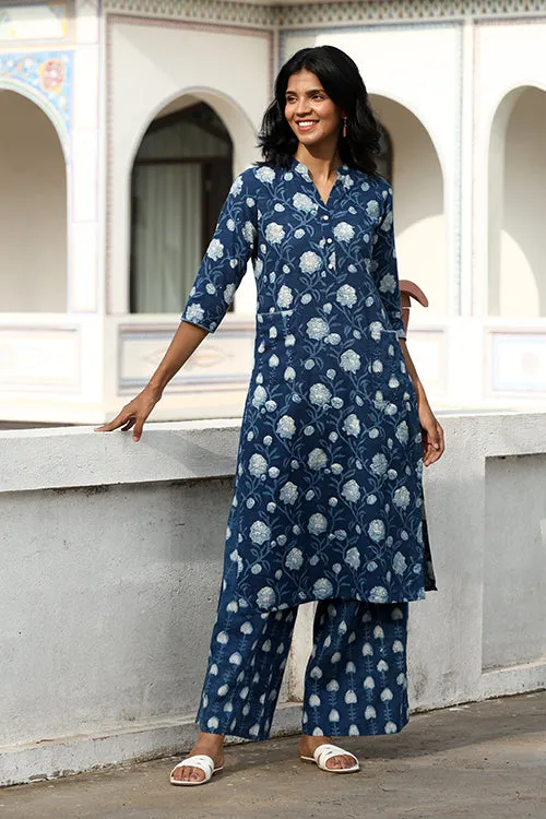 Okhai "Aprajita" Hand-Embroidered Mirrorwork Pure Cotton Indigo Kurta Pant Set