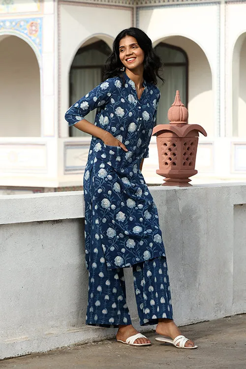 Okhai "Aprajita" Hand-Embroidered Mirrorwork Pure Cotton Indigo Kurta Pant Set