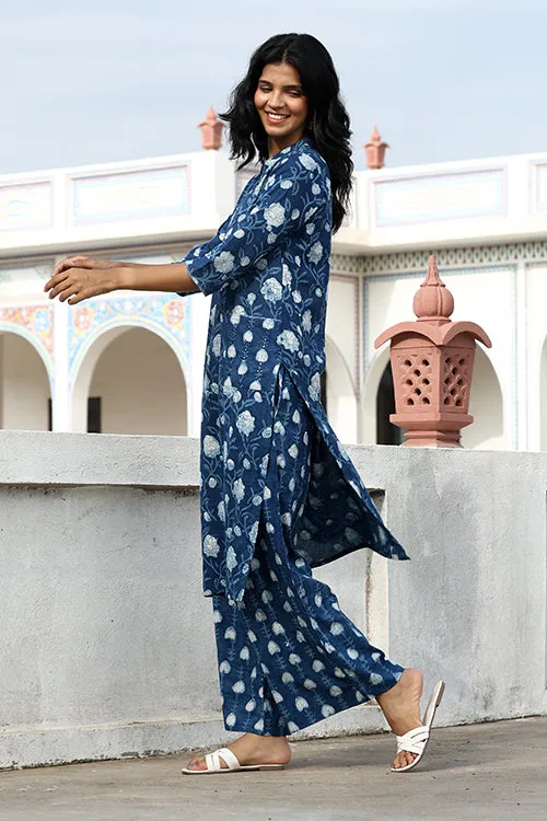 Okhai "Aprajita" Hand-Embroidered Mirrorwork Pure Cotton Indigo Kurta Pant Set