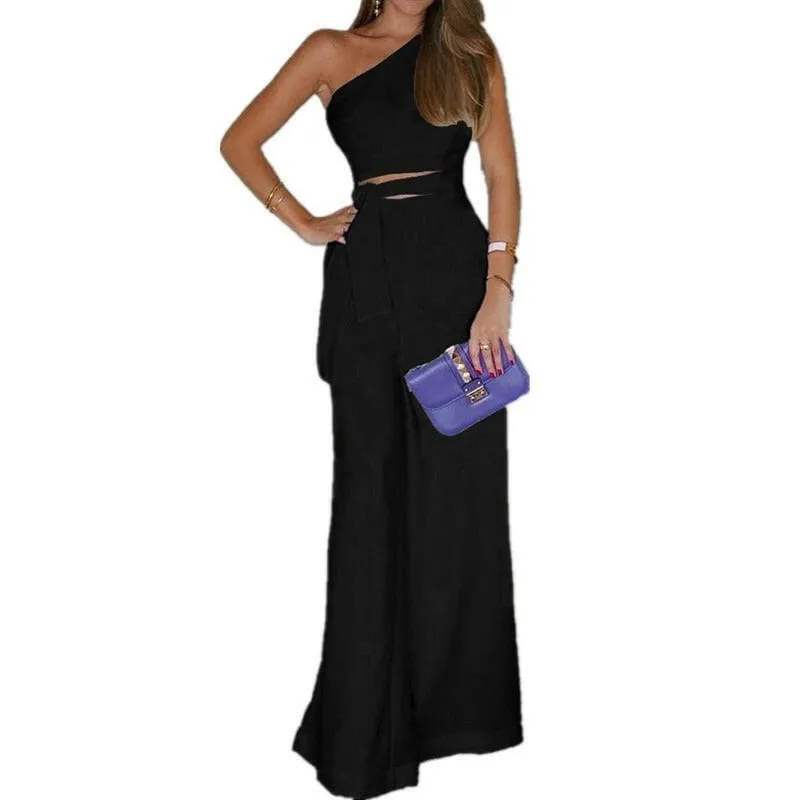 One Shoulder Lace Wide Leg Pants Jumpsuit with Purple Clutch