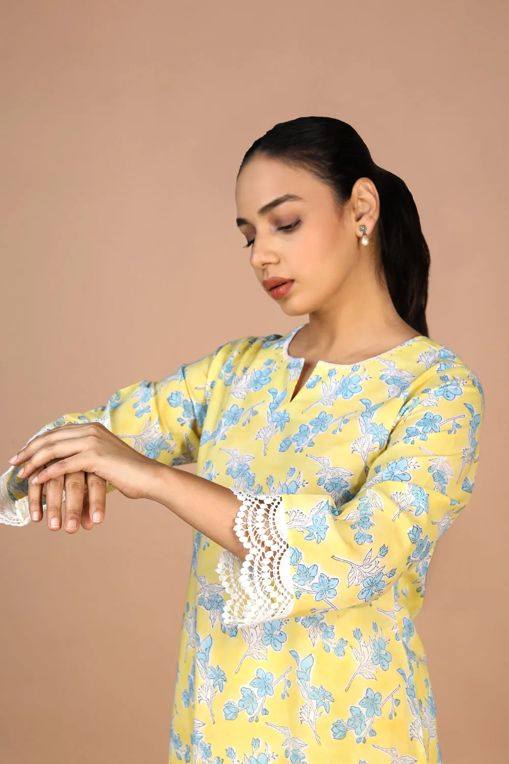 Pastel Yellow Handblock printed Kurti, pants and dupatta set