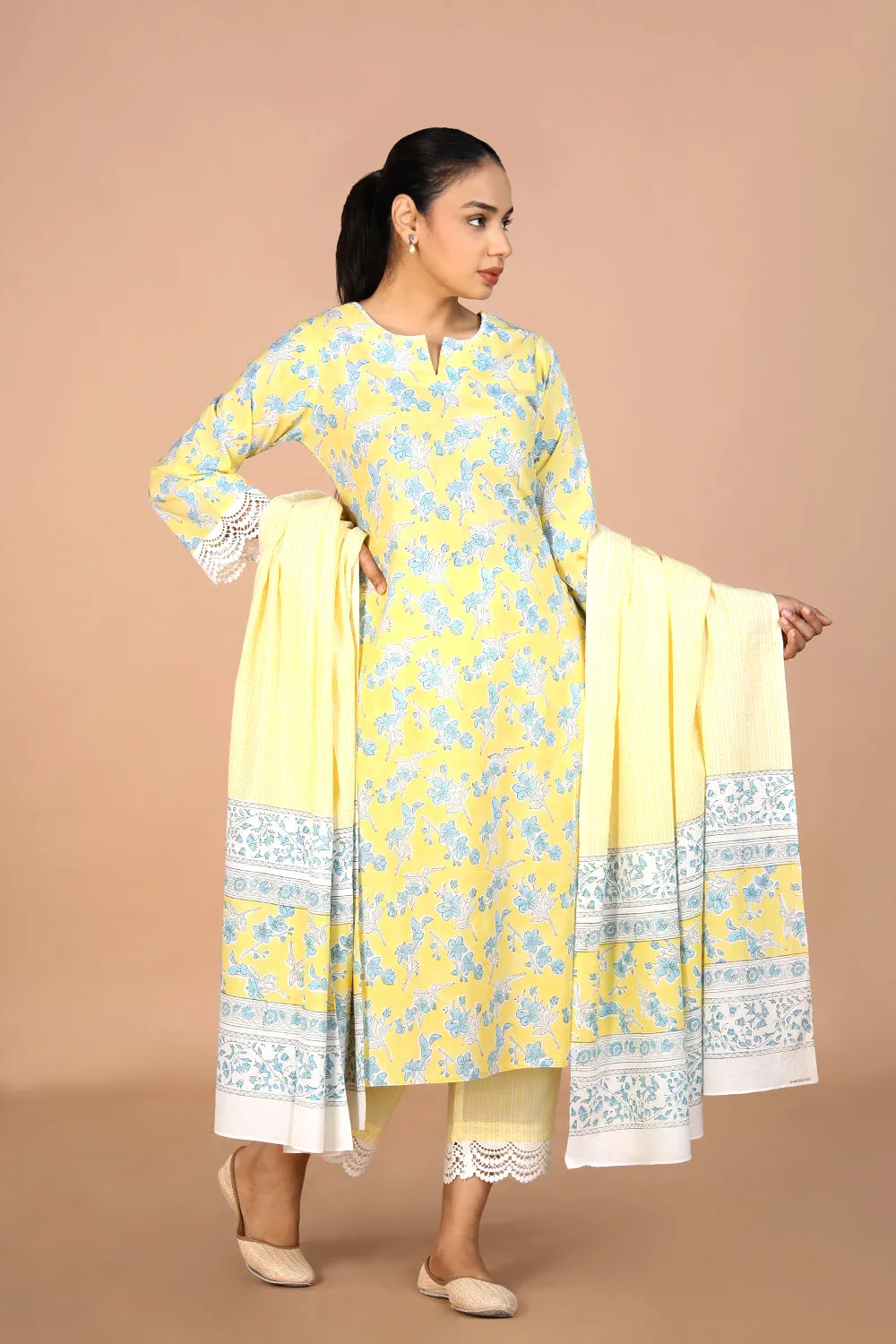 Pastel Yellow Handblock printed Kurti, pants and dupatta set