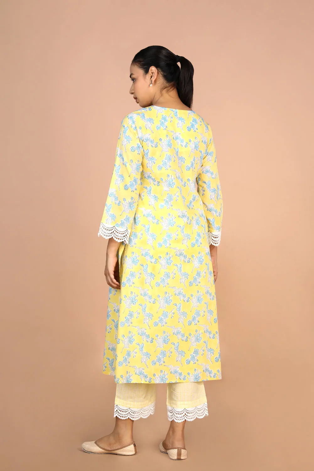 Pastel Yellow Handblock printed Kurti, pants and dupatta set