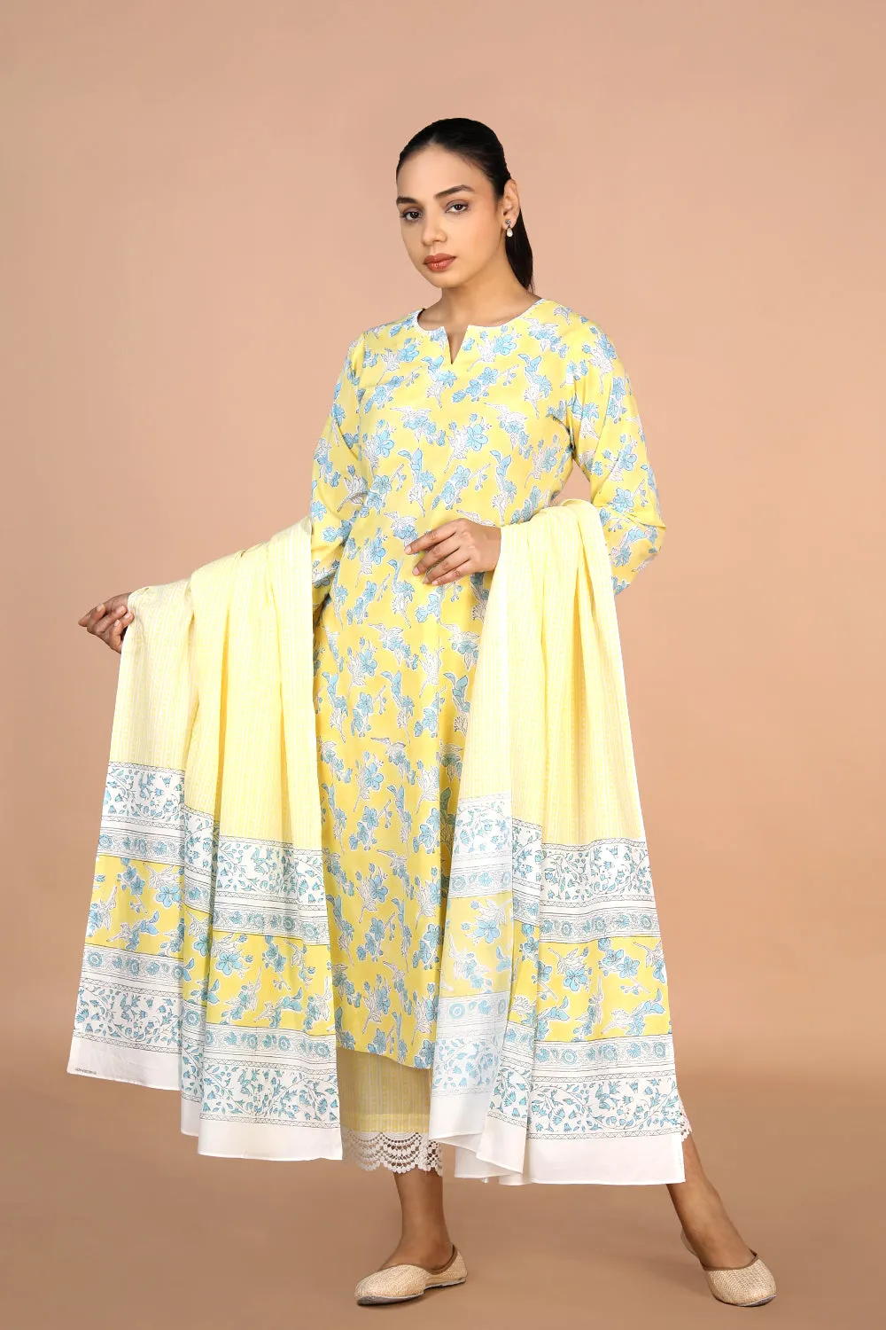 Pastel Yellow Handblock printed Kurti, pants and dupatta set