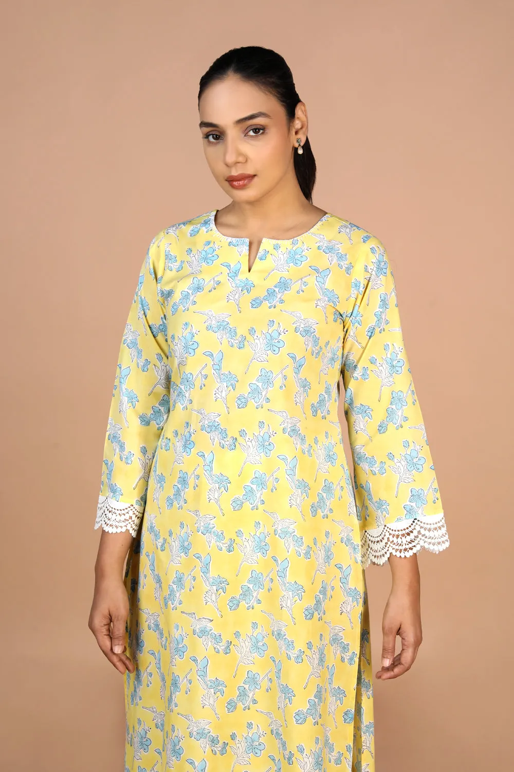 Pastel Yellow Handblock printed Kurti, pants and dupatta set