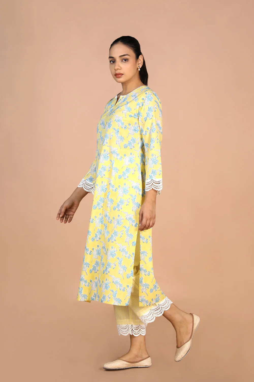 Pastel Yellow Handblock printed Kurti, pants and dupatta set