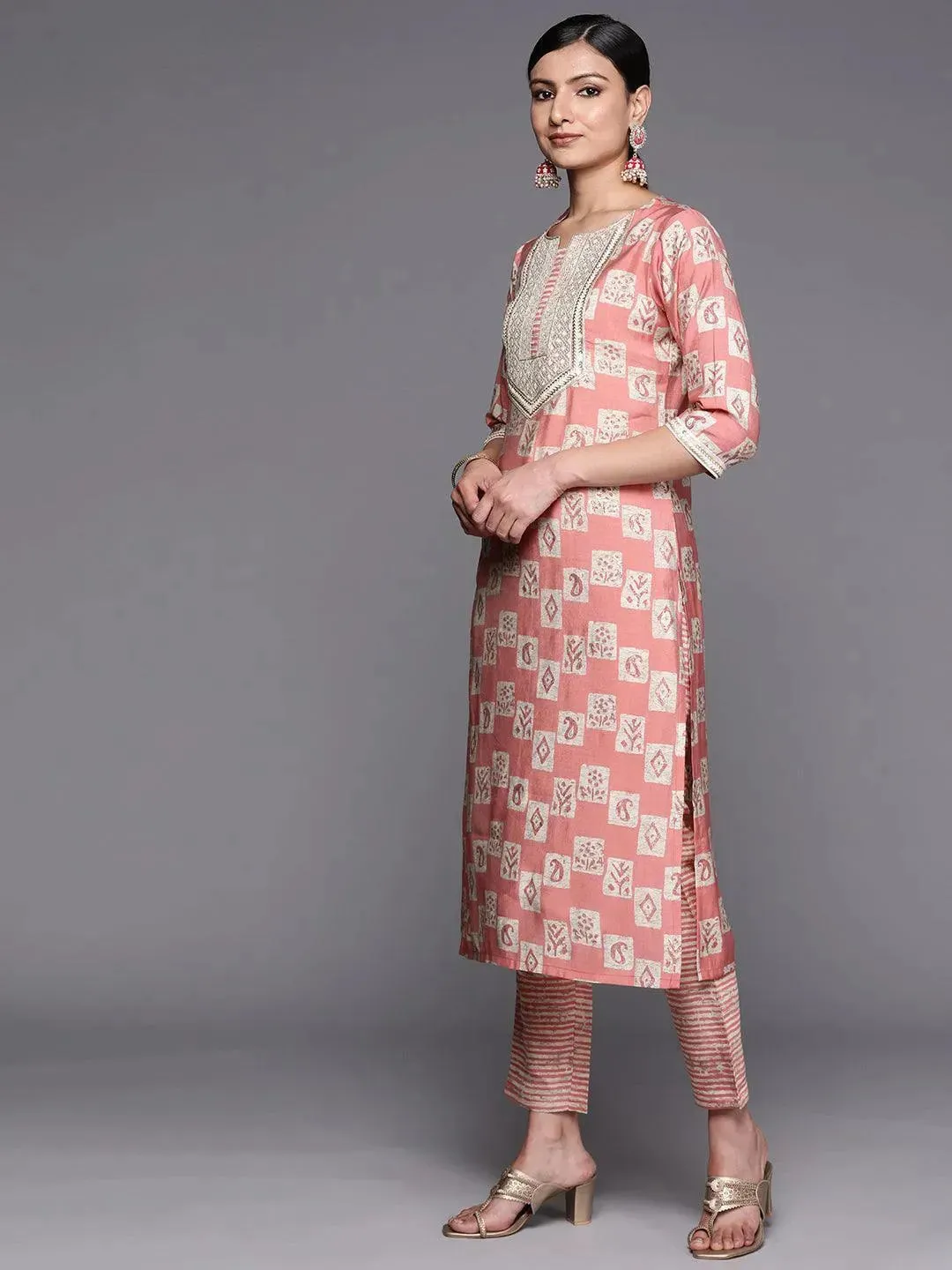 Peach Yoke Design Silk Blend Straight Kurta With Trousers & Dupatta