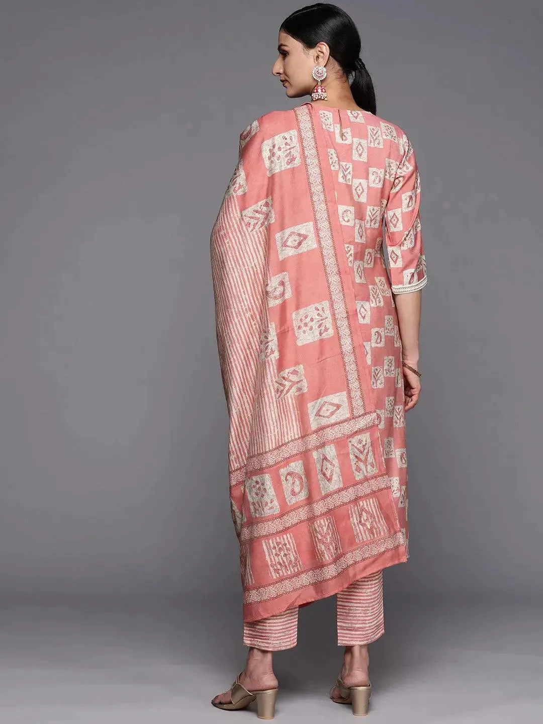 Peach Yoke Design Silk Blend Straight Kurta With Trousers & Dupatta