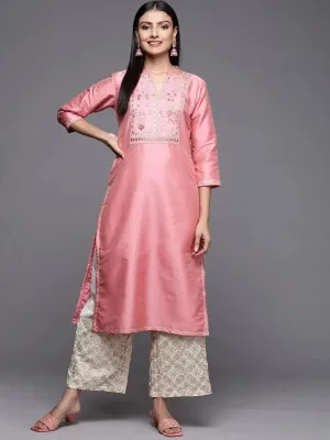 Pink Yoke Design Art Silk Straight Kurta