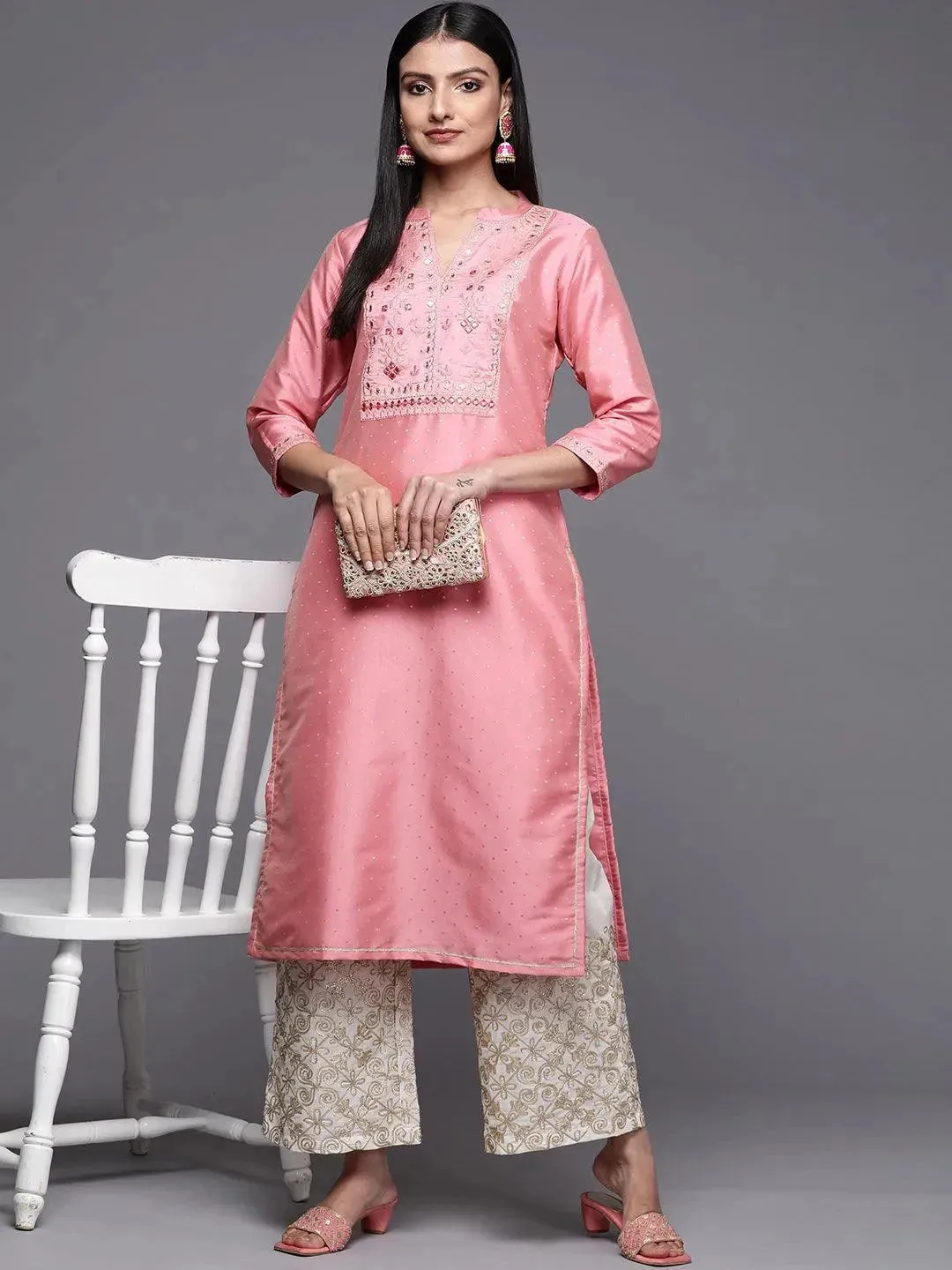 Pink Yoke Design Art Silk Straight Kurta