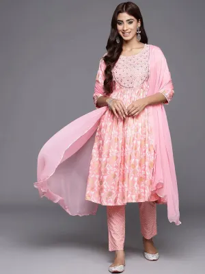 Pink Yoke Design Rayon A-Line Kurta With Trousers & Dupatta