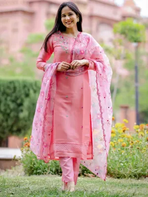 Pink Yoke Design Silk Blend Straight Kurta With Trousers & Dupatta