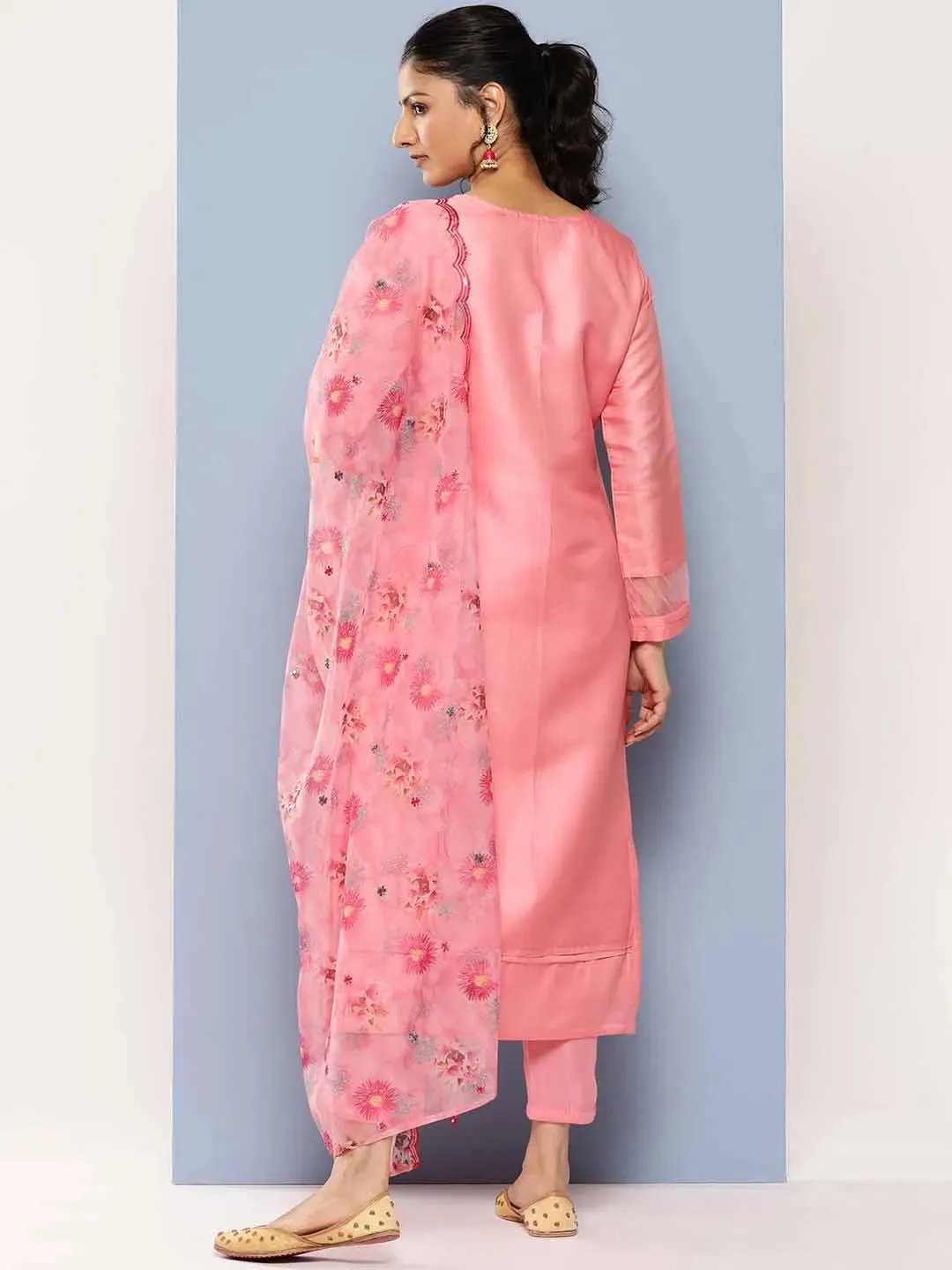 Pink Yoke Design Silk Blend Straight Kurta With Trousers & Dupatta