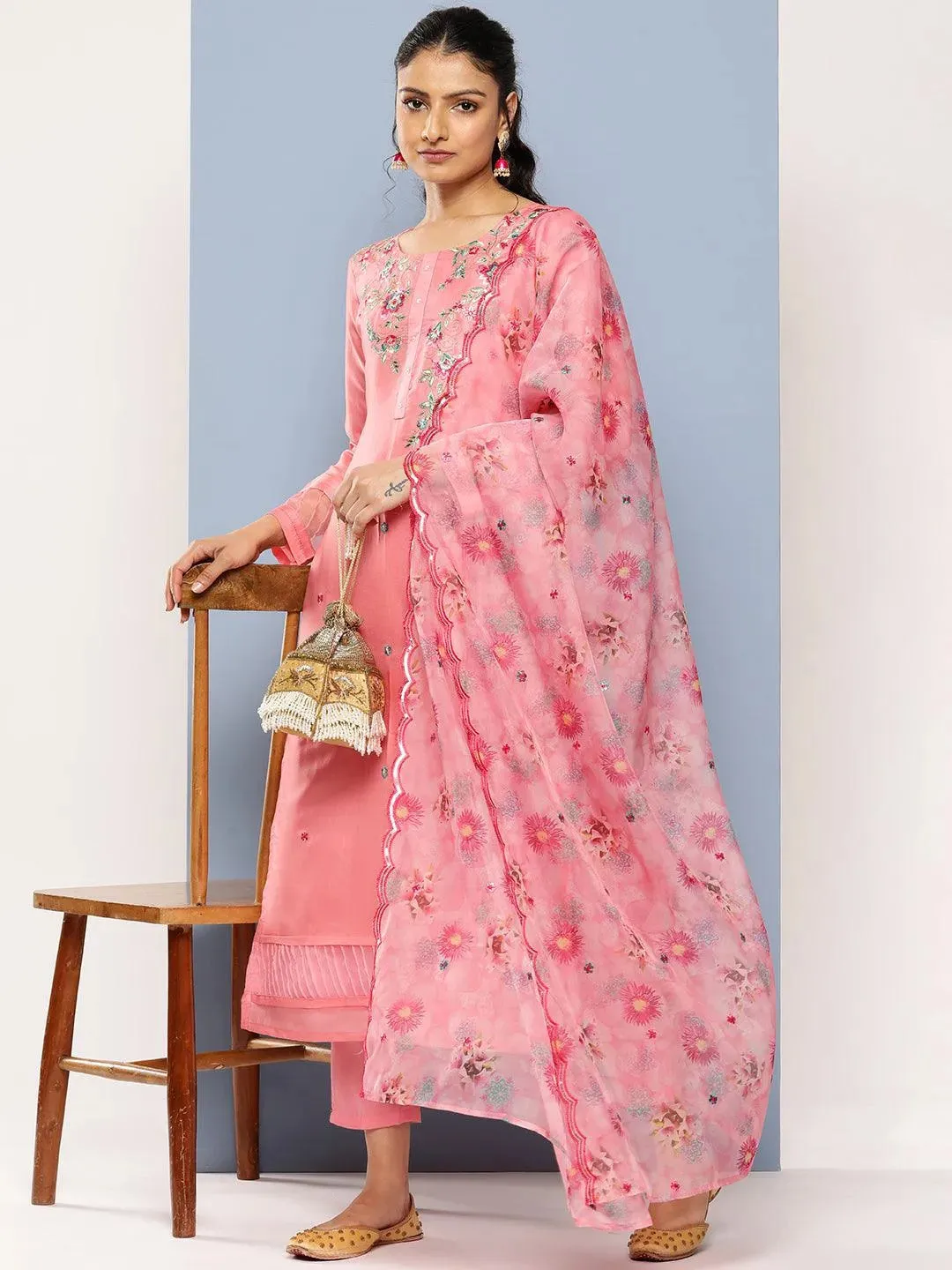 Pink Yoke Design Silk Blend Straight Kurta With Trousers & Dupatta