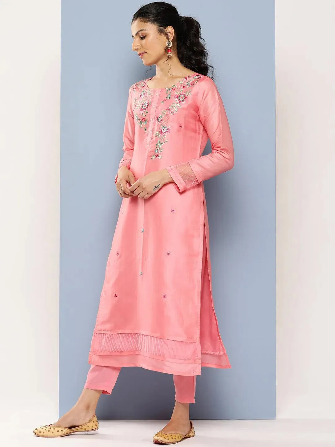 Pink Yoke Design Silk Blend Straight Kurta With Trousers & Dupatta