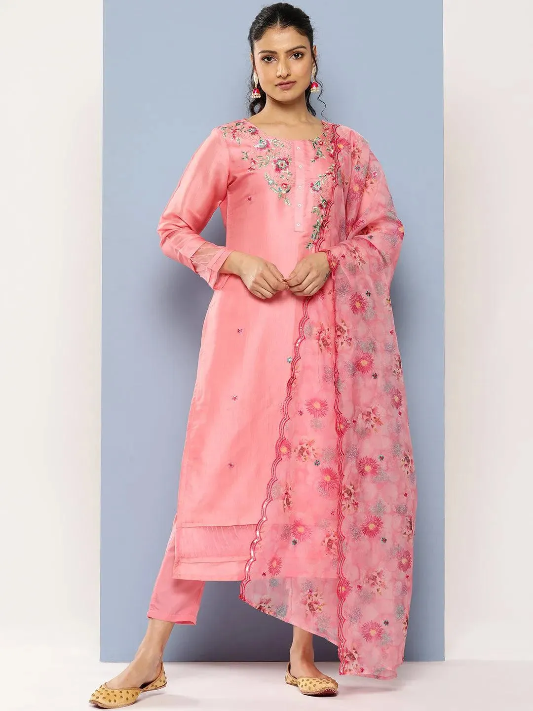 Pink Yoke Design Silk Blend Straight Kurta With Trousers & Dupatta