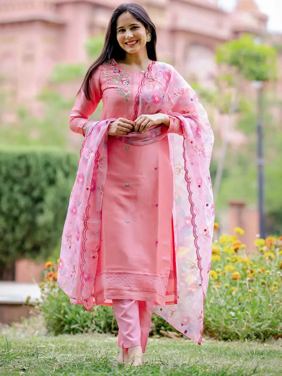 Pink Yoke Design Silk Blend Straight Kurta With Trousers & Dupatta