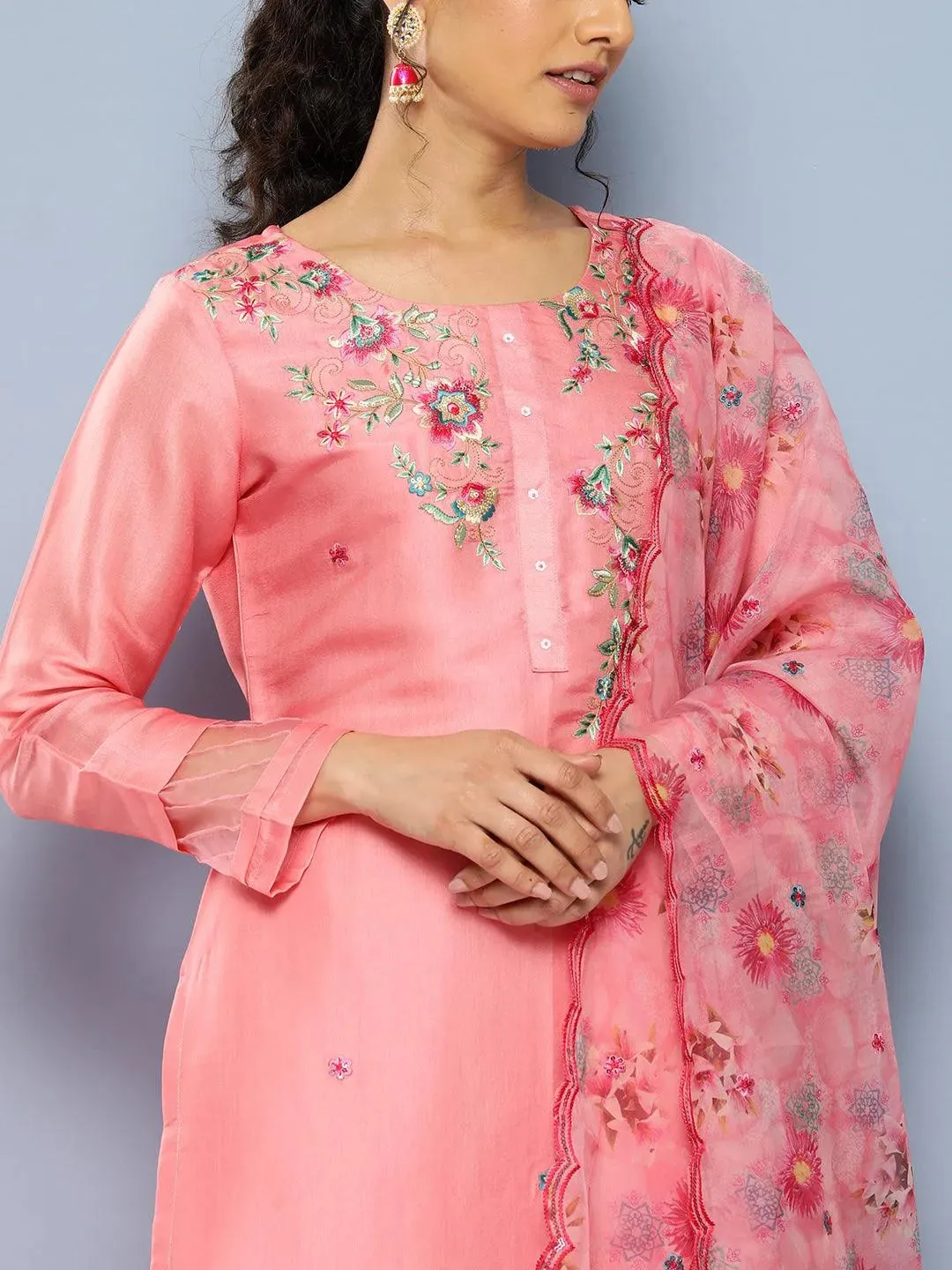 Pink Yoke Design Silk Blend Straight Kurta With Trousers & Dupatta