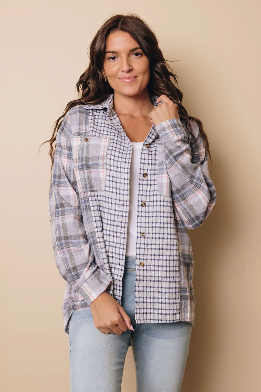 Plaid on Plaid Color Block Button Up Shirt