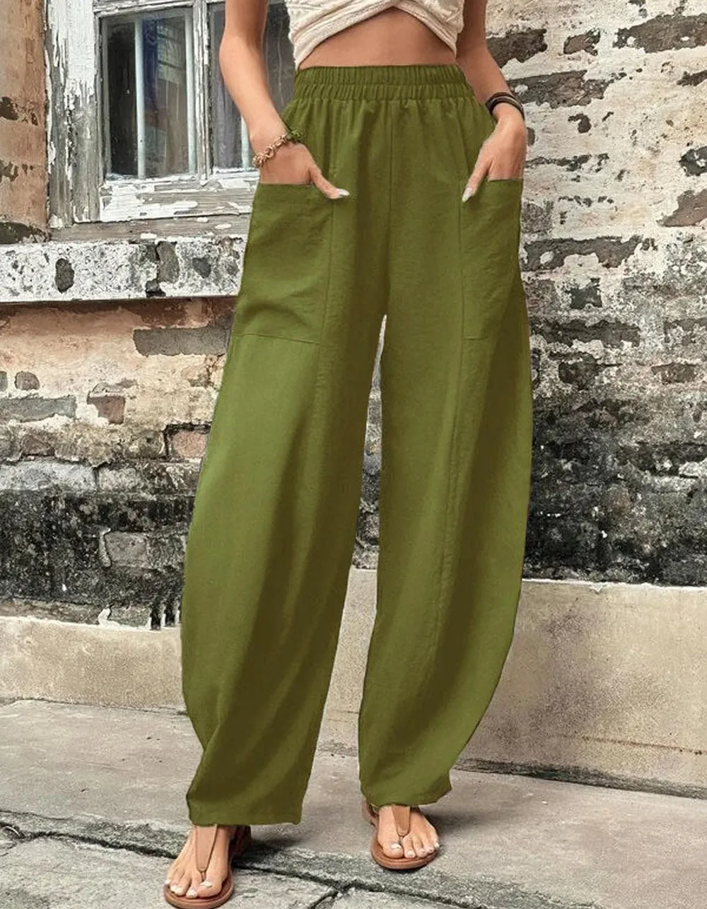 Plain Solid-color Casual Pocket Elastic Waist Pants