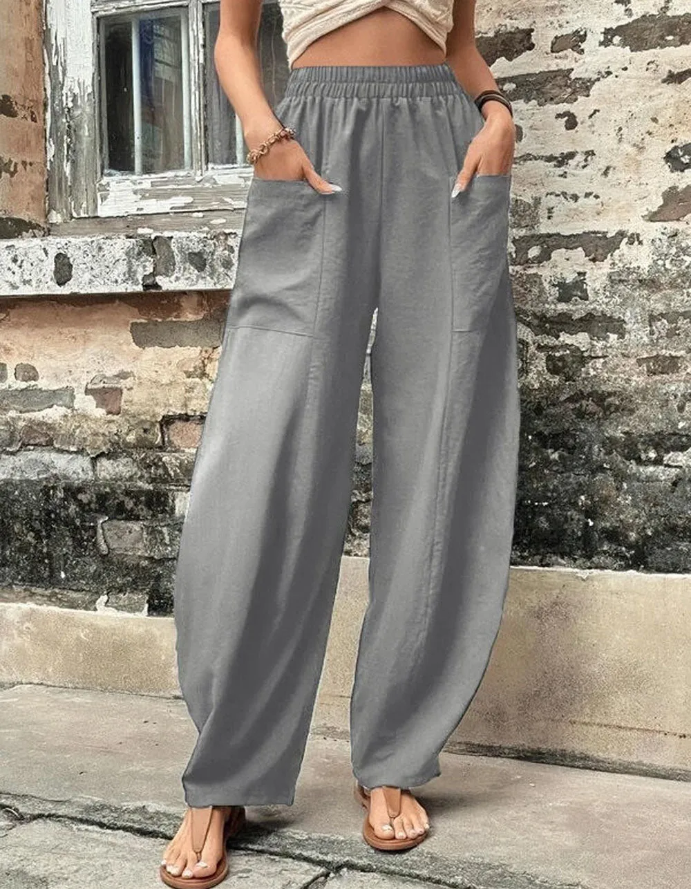 Plain Solid-color Casual Pocket Elastic Waist Pants