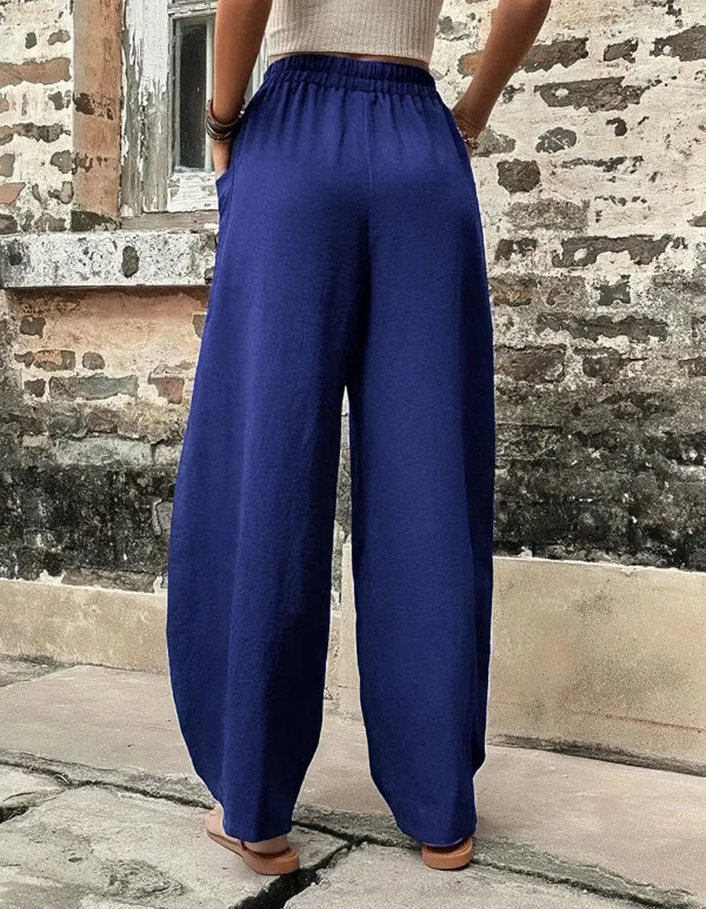 Plain Solid-color Casual Pocket Elastic Waist Pants