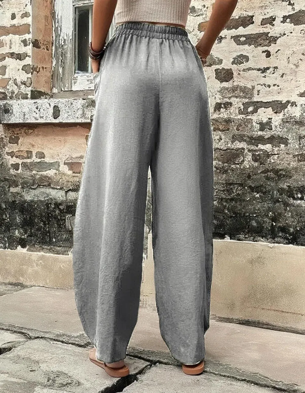 Plain Solid-color Casual Pocket Elastic Waist Pants