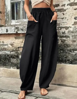 Plain Solid-color Casual Pocket Elastic Waist Pants