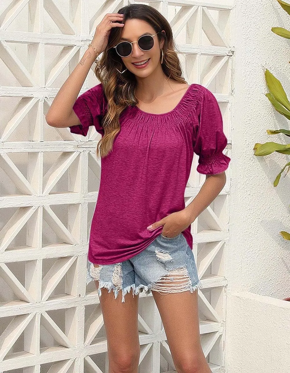 Plain Solid-color U Neck Loose Short Sleeve Bubble Sleeve Shirt