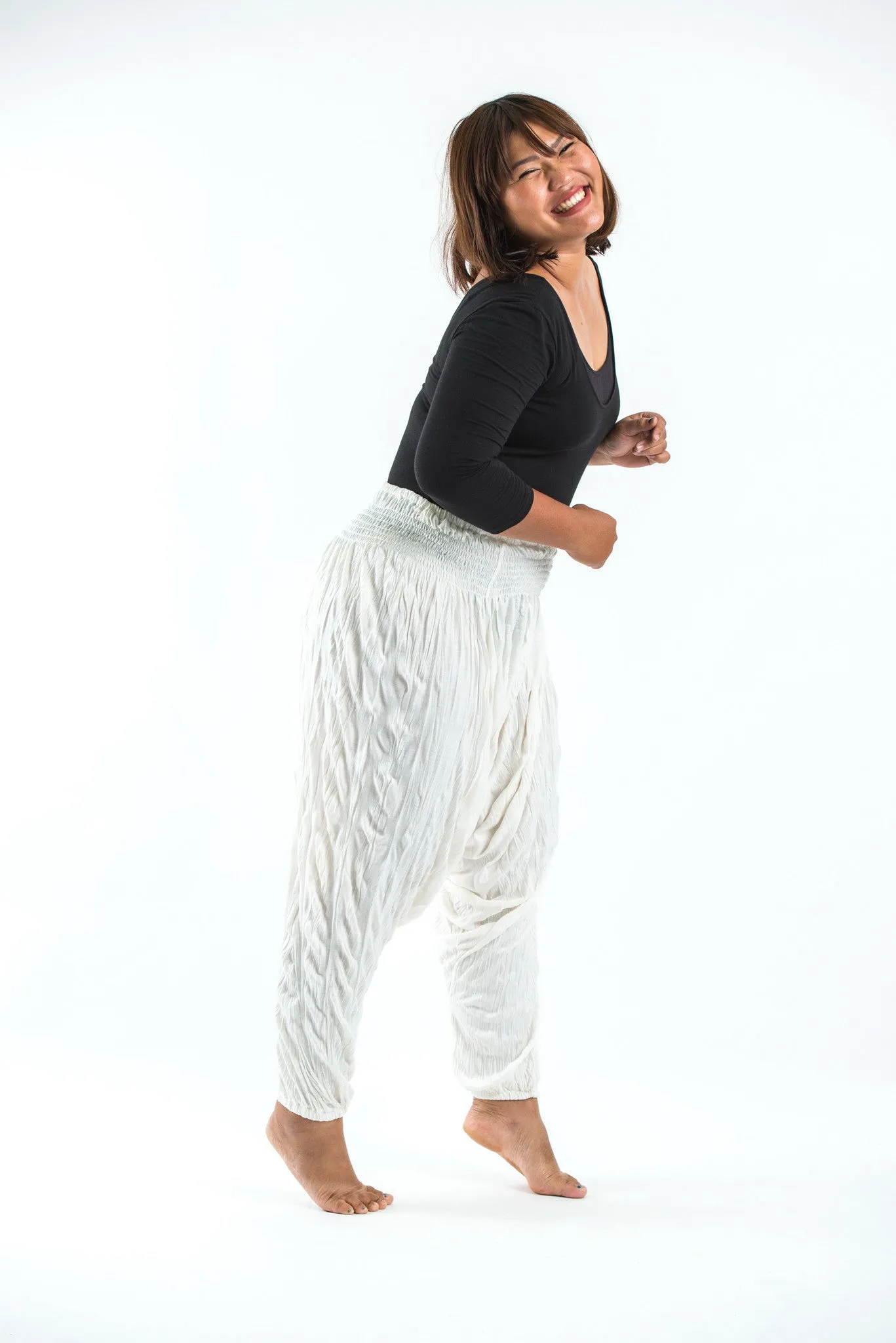 Plus Size Unisex Crinkled Cotton Harem Pants in White