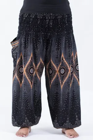 Plus Size Unisex Diamond Peacock Harem Pants in Black